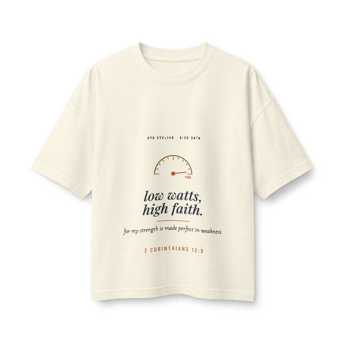 Low Watts High Faith Women's Boxy Tee, Natural, front view, LOW WATTS. HIGH FAITH. 2 Corinthians 12:9 (KJV)