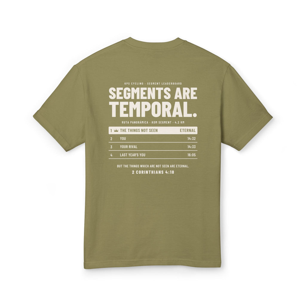 Segments Are Temporal Cycling Tee, Faded Army, back view, SEGMENTS ARE TEMPORAL. 2 Corinthians 4:18 (KJV)