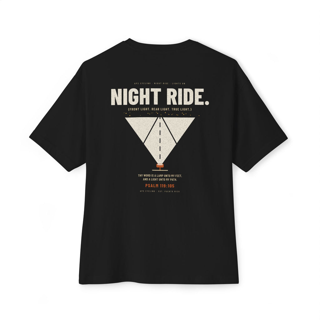 Night Ride Cycling Tee, Black, back view, NIGHT RIDE. (FRONT LIGHT. REAR LIGHT. TRUE LIGHT.) Psalm 119:105 (KJV)