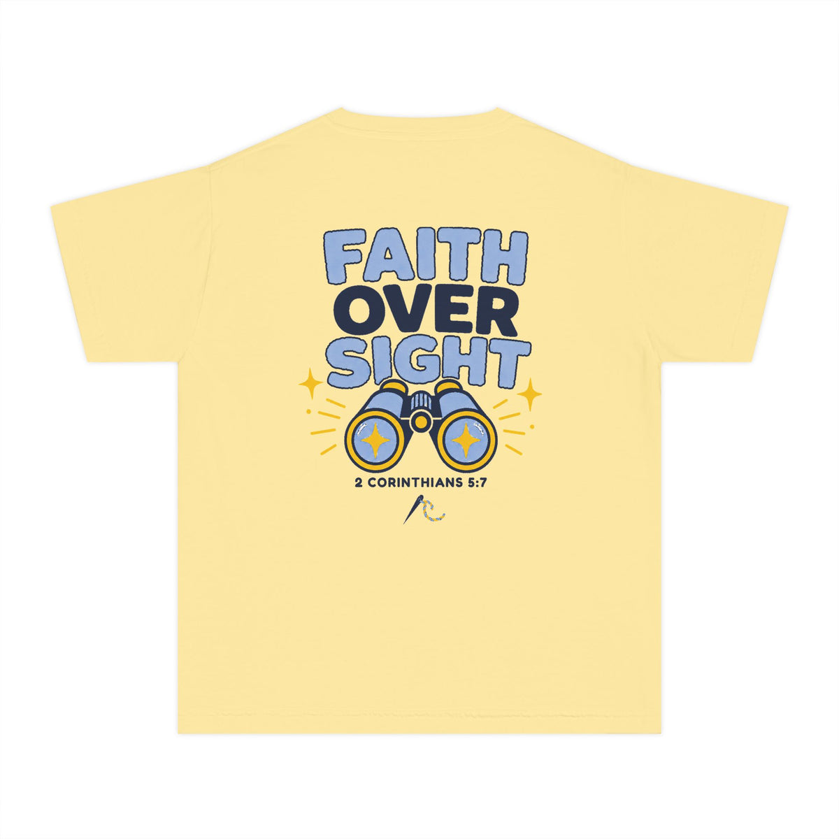 Faith Over Sight Youth Tee in Butter, back view: large FAITH OVER SIGHT. binoculars back print, 2 Corinthians 5:7 (KJV)