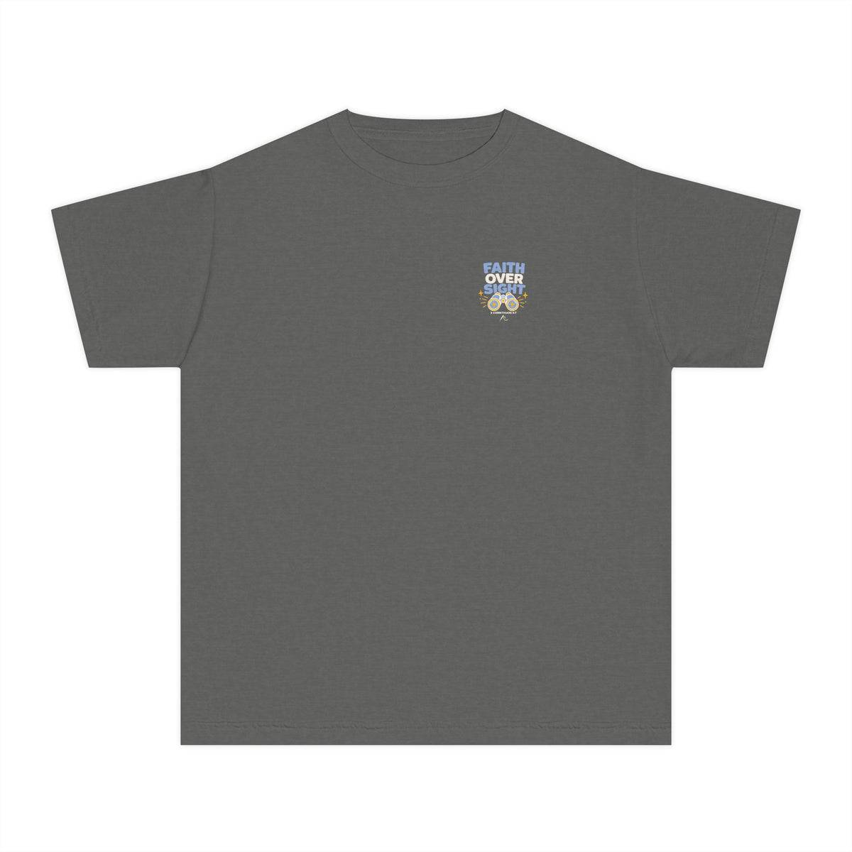 Faith Over Sight Youth Tee, Pepper, front view, small chest emblem, FAITH OVER SIGHT., 2 Corinthians 5:7 (KJV)
