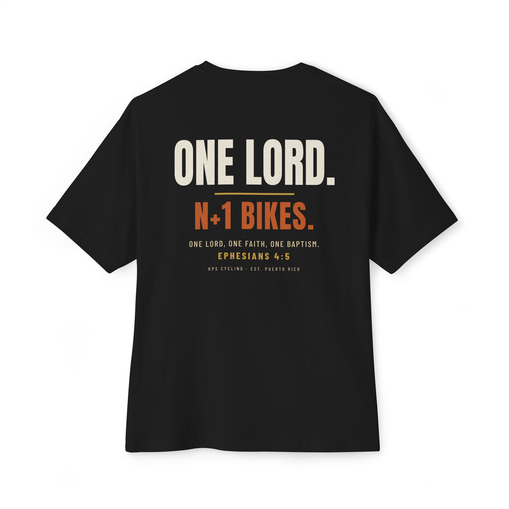 One Lord N+1 Bikes Cycling Tee, Black, back view, ONE LORD. N+1 BIKES. Ephesians 4:5 (KJV)