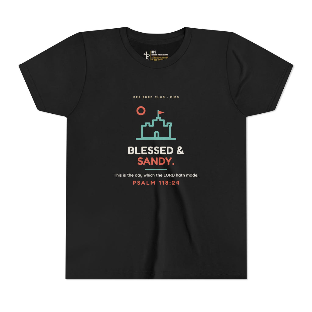 Blessed & Sandy Youth Tee, Black, front view, BLESSED & SANDY., Psalm 118:24 (KJV)
