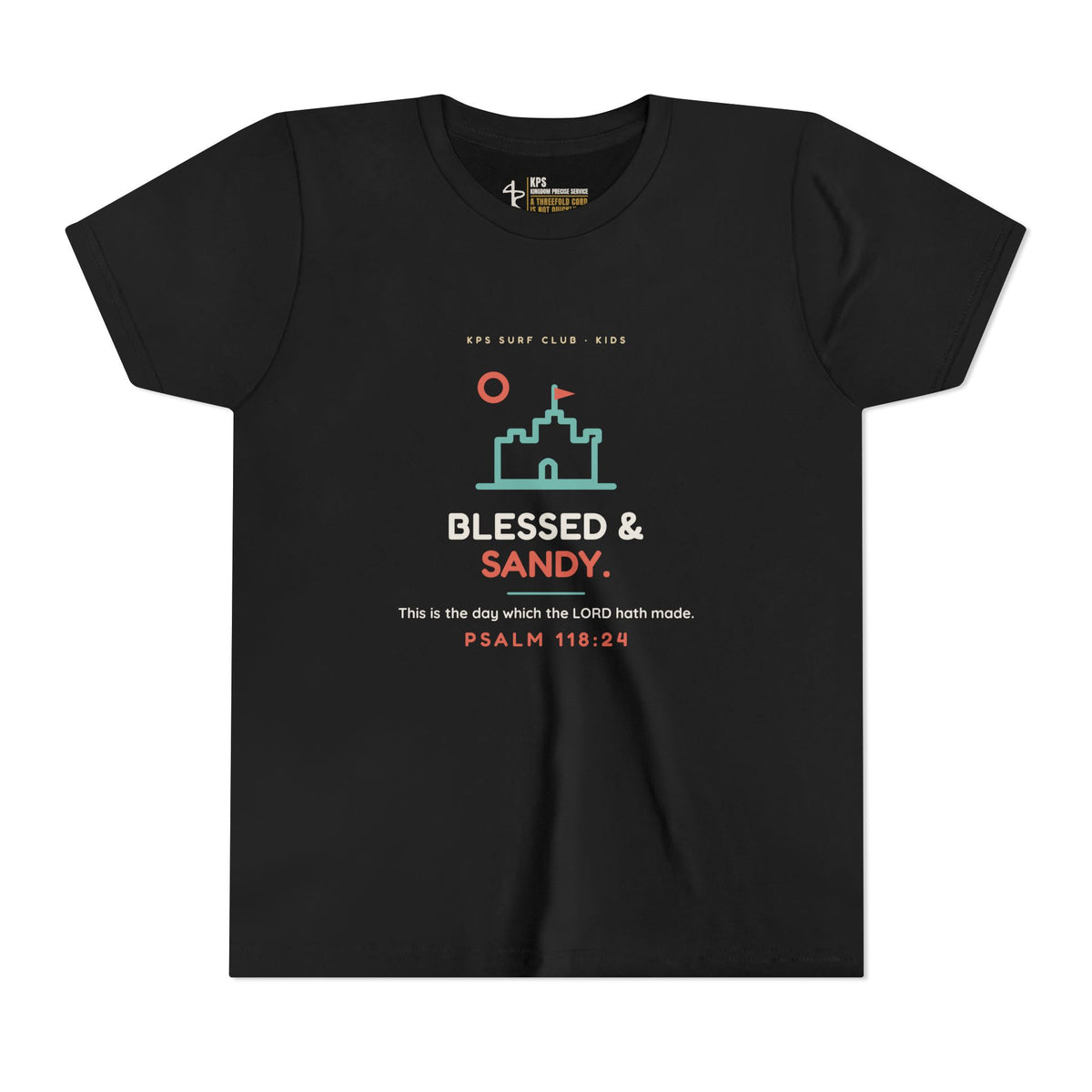 Blessed & Sandy Youth Tee, Black, front view, BLESSED & SANDY., Psalm 118:24 (KJV)