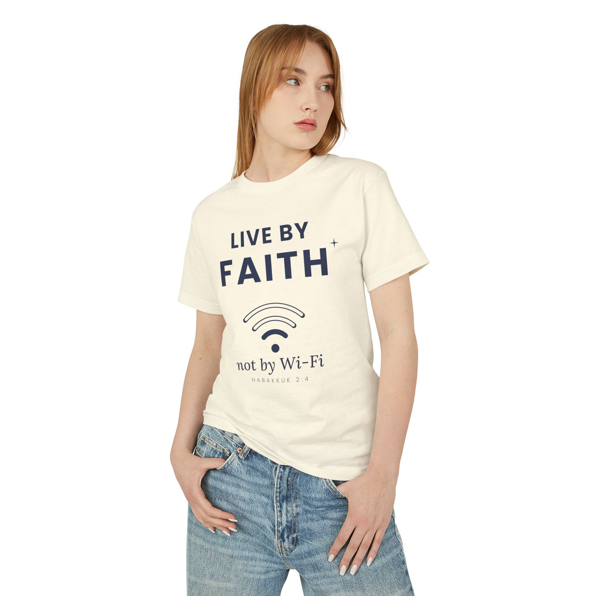 Not by Wi-Fi Tee, t-shirt, Faded Cream, front view, worn by a woman, LIVE BY FAITH, NOT BY WI-FI., Habakkuk 2:4 (KJV)