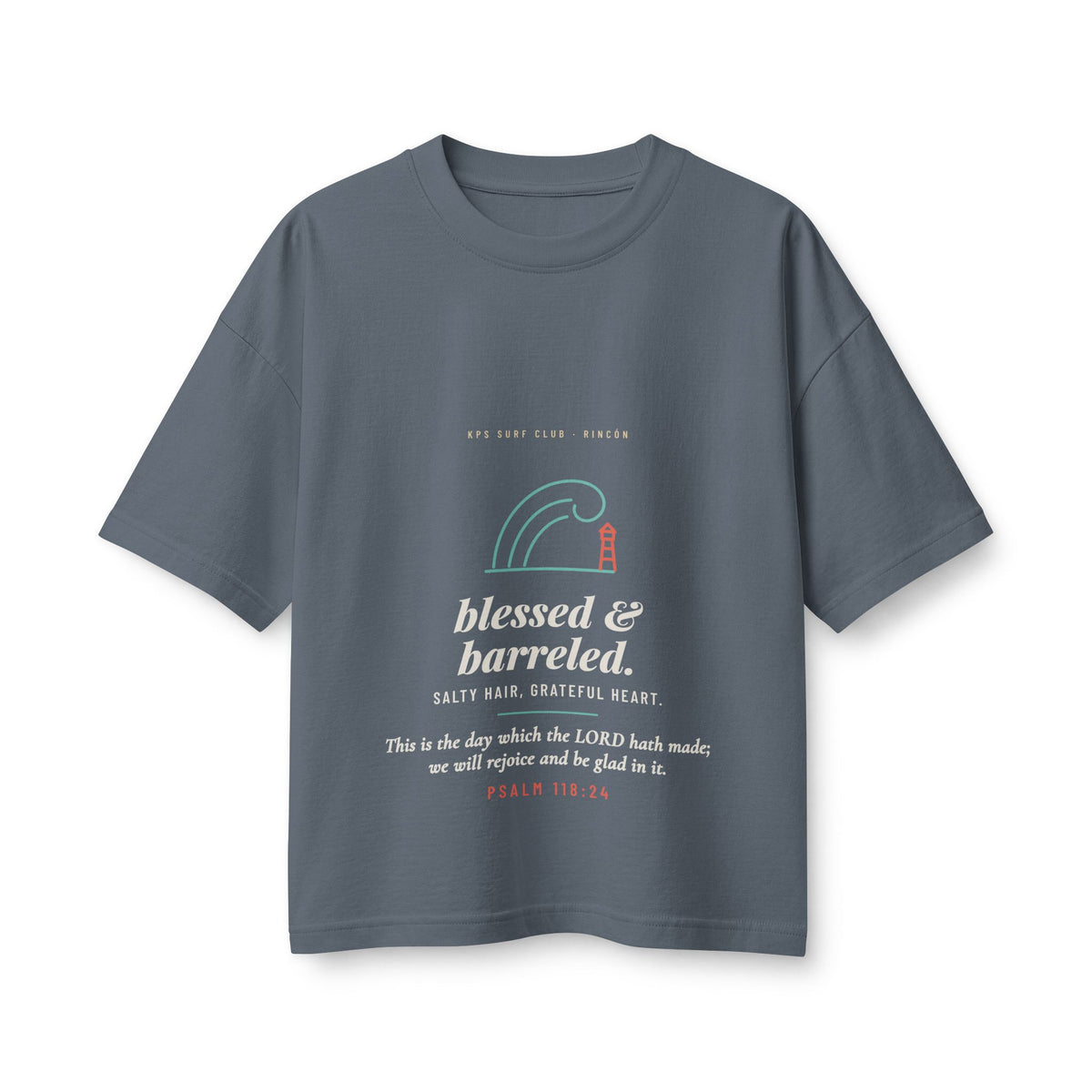 Blessed & Barreled Women's Boxy Tee, Vintage Navy, front view, BLESSED & BARRELED. SALTY HAIR, GRATEFUL HEART. Psalm 118:24 (KJV)