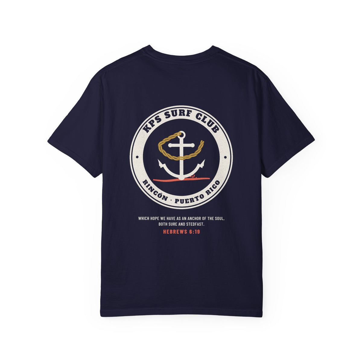 KPS Surf Club Anchor Tee, True Navy, back view, KPS SURF CLUB. Hebrews 6:19 (KJV)