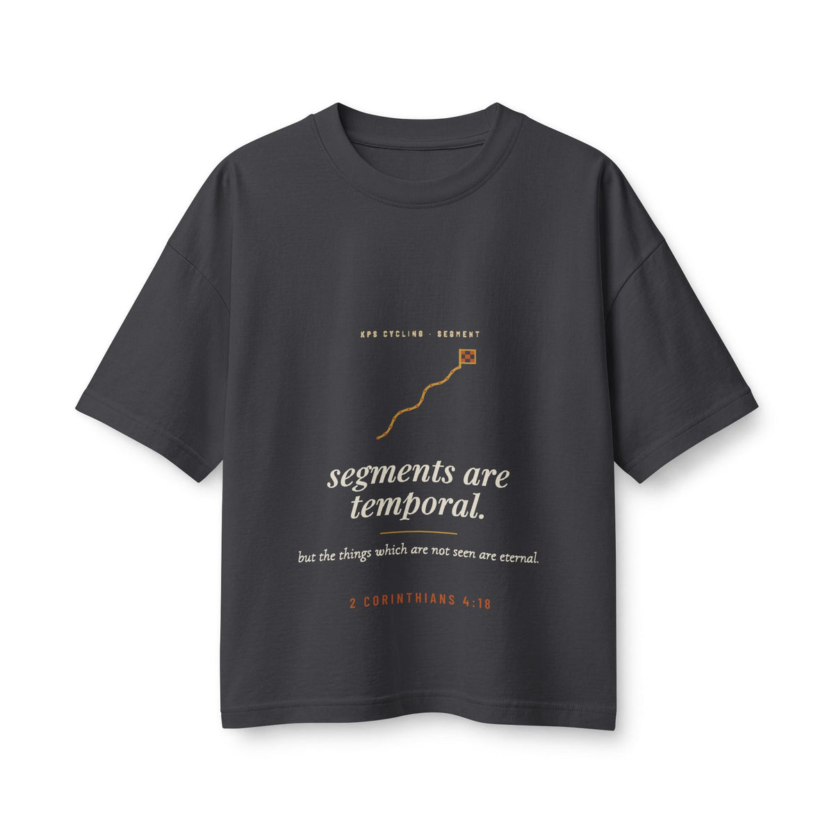 Segments Are Temporal Women's Boxy Tee, Dark Grey, front view, SEGMENTS ARE TEMPORAL. 2 Corinthians 4:18 (KJV)