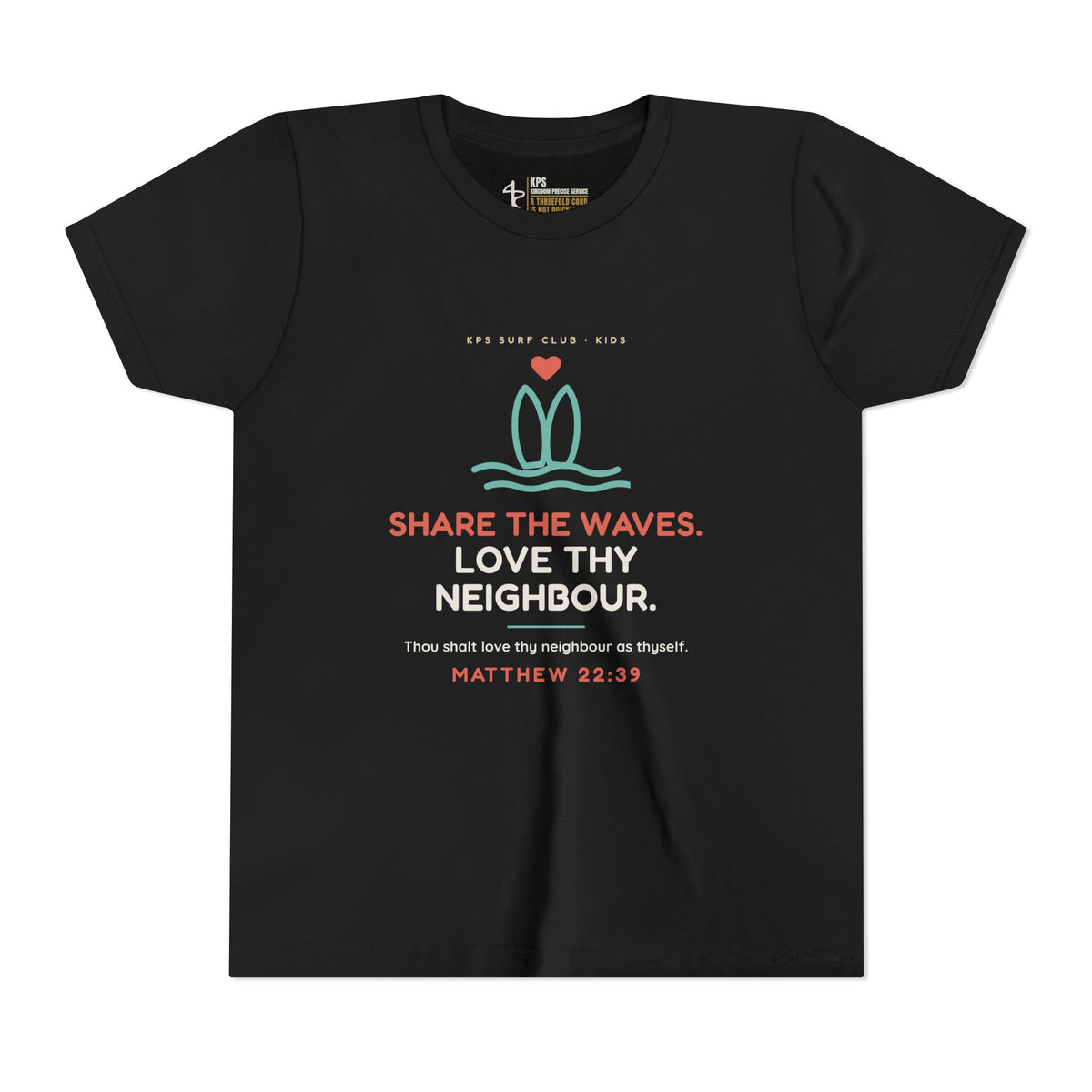 Share the Waves Youth Tee, Black, front view, SHARE THE WAVES. LOVE THY NEIGHBOUR., Matthew 22:39 (KJV)