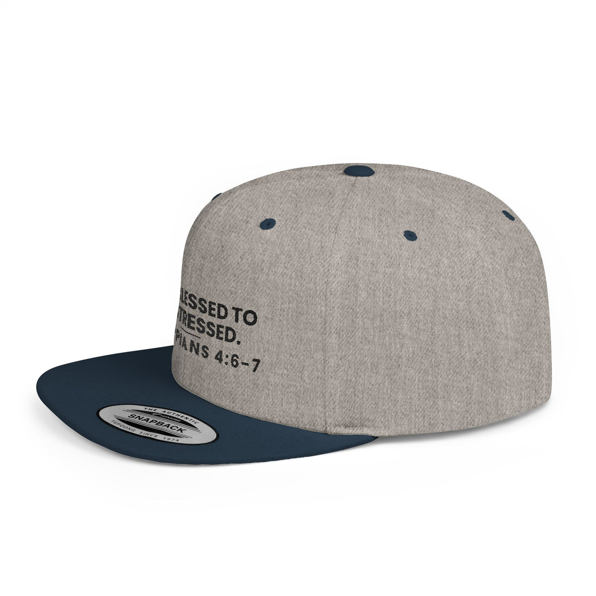 Too Blessed Snapback, Heather Grey/Navy, side view, TOO BLESSED TO BE STRESSED., Philippians 4:6-7 (KJV)