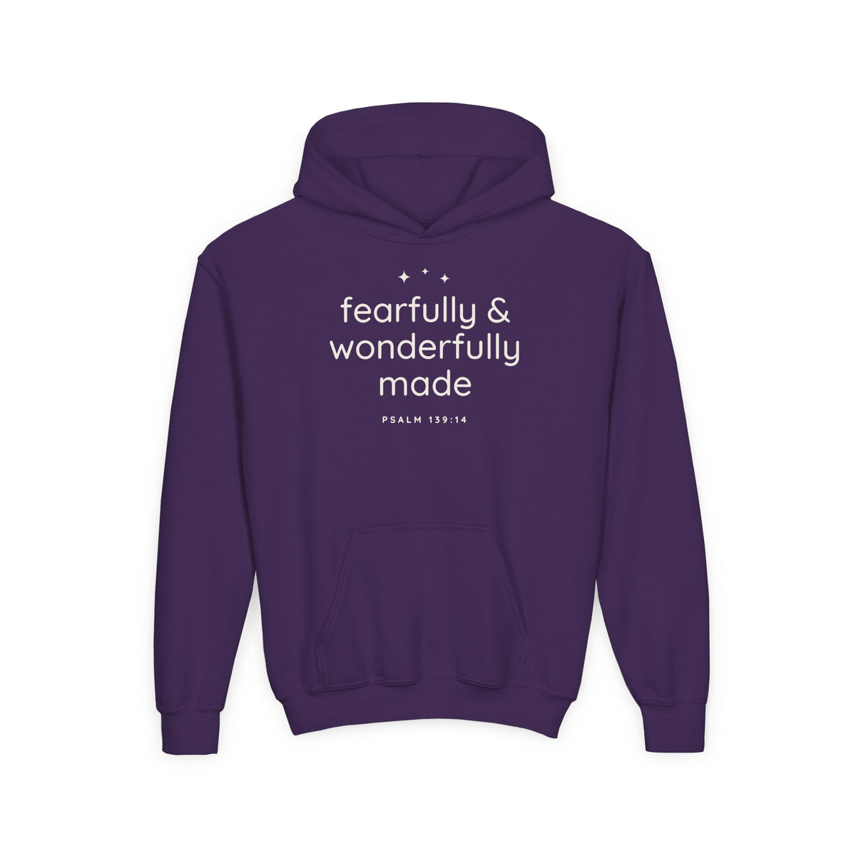 Fearfully & Wonderfully Made Youth Hoodie, youth hoodie, Purple, front view, FEARFULLY & WONDERFULLY MADE., Psalm 139:14 (KJV)