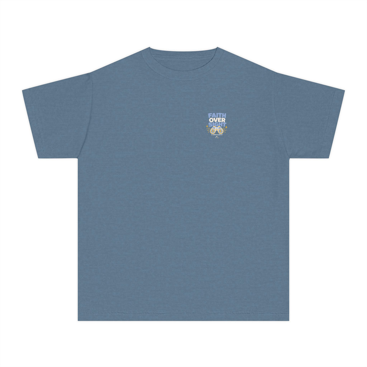 Faith Over Sight Youth Tee, Blue Jean, front view, small chest emblem, FAITH OVER SIGHT., 2 Corinthians 5:7 (KJV)