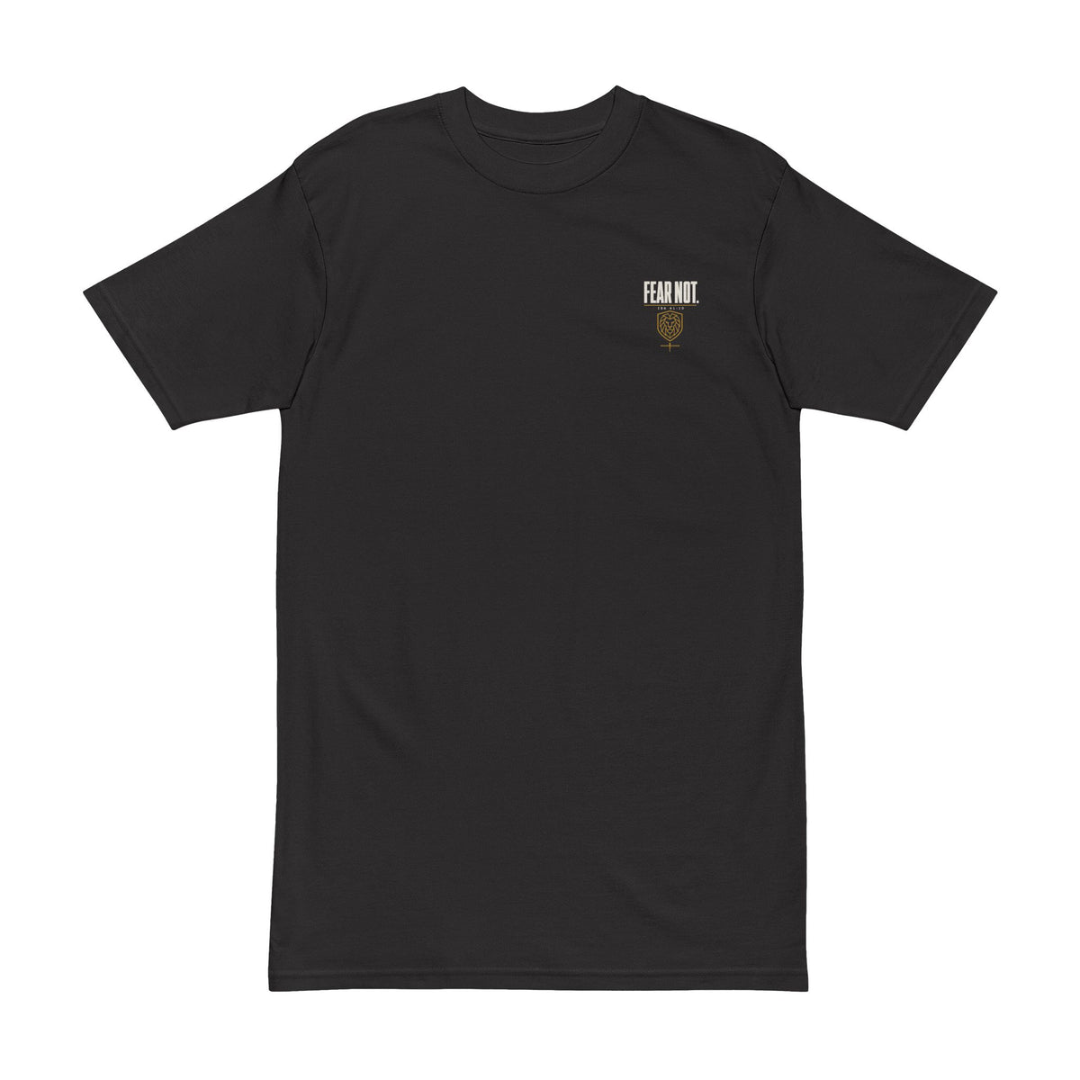 Fear Not Lion Tee, t-shirt, Black, front view, FEAR NOT., Isaiah 41:10 (KJV)