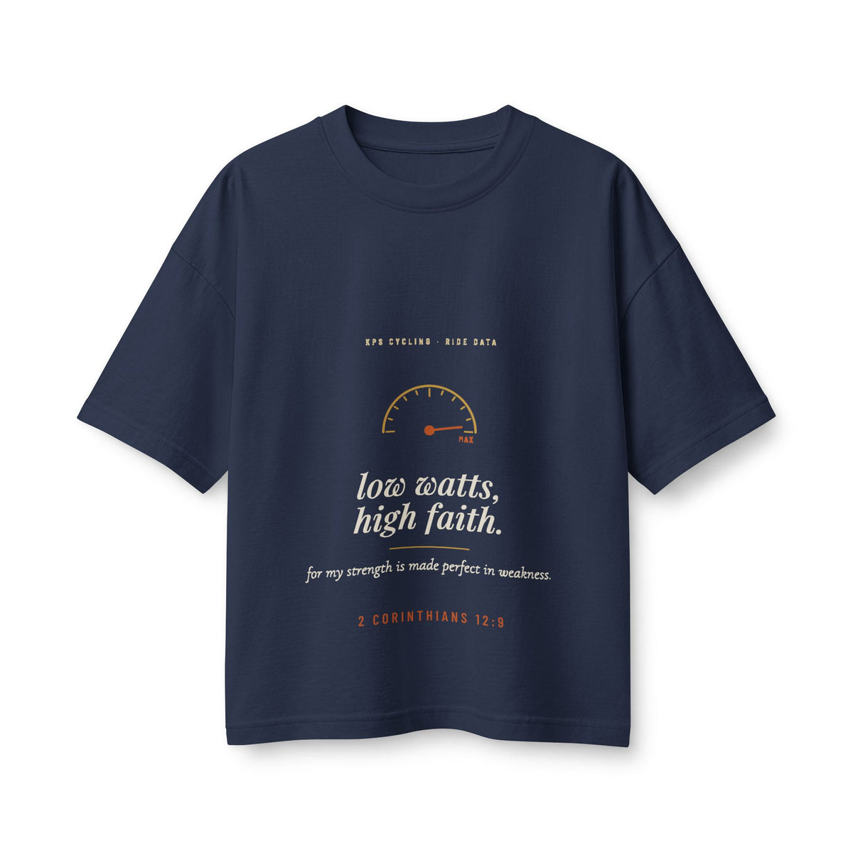 Low Watts High Faith Women's Boxy Tee, Navy, front view, LOW WATTS. HIGH FAITH. 2 Corinthians 12:9 (KJV)