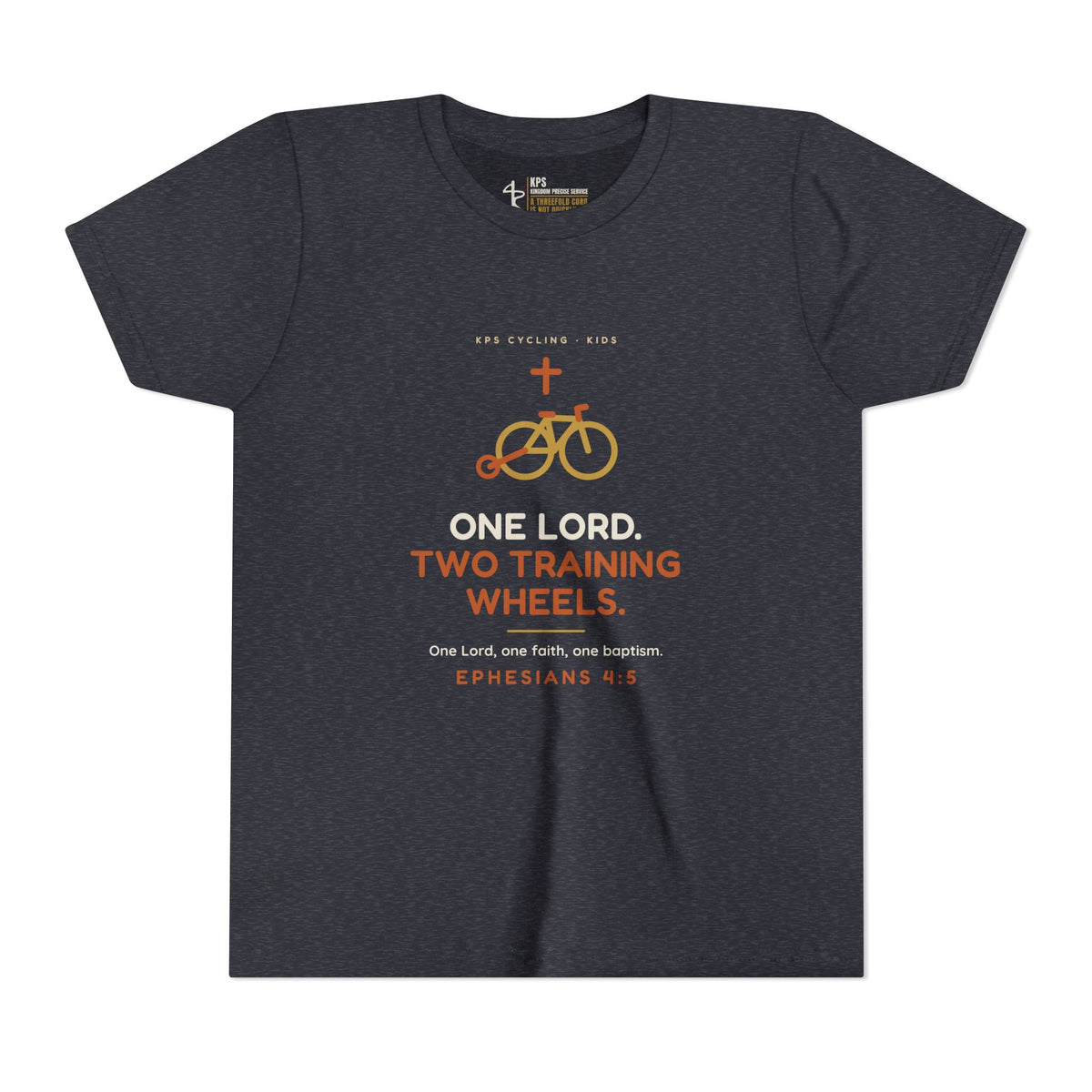One Lord, Two Training Wheels Youth Tee, Heather Navy, front view, ONE LORD. TWO TRAINING WHEELS., Ephesians 4:5 (KJV)