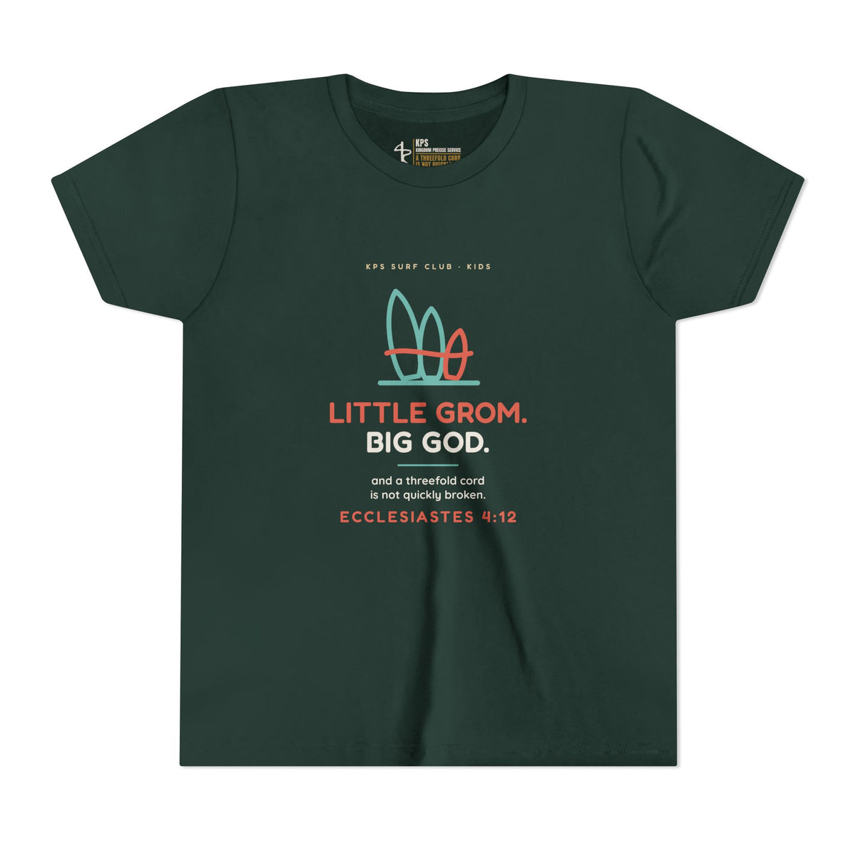 Little Grom. Big God. Youth Tee, Forest, front view, LITTLE GROM. BIG GOD., Ecclesiastes 4:12 (KJV)