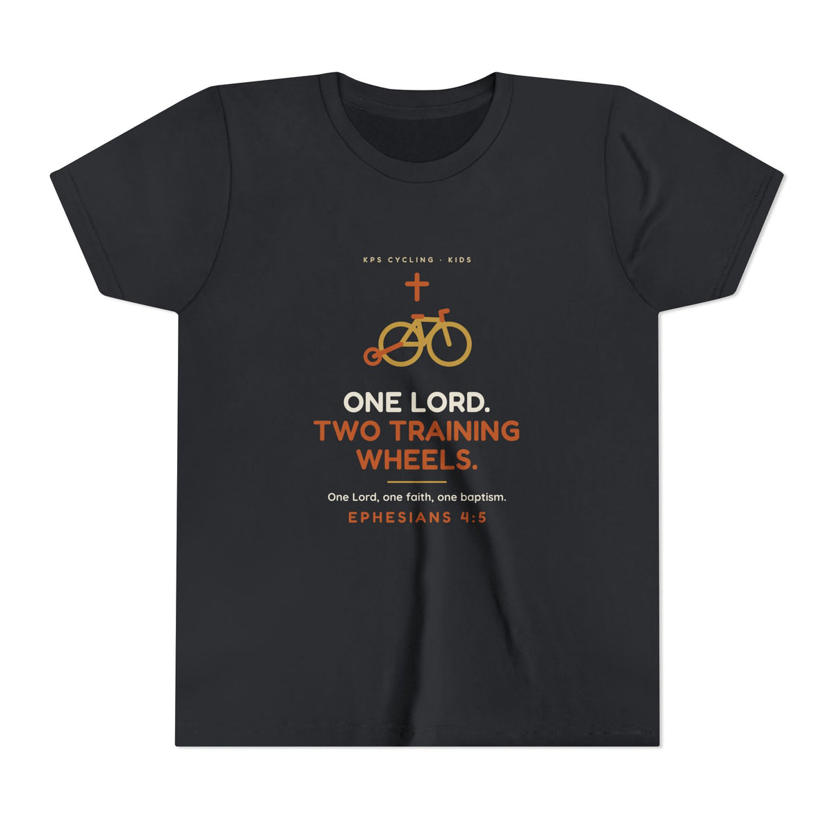 One Lord, Two Training Wheels Youth Tee, Vintage Black, front view, ONE LORD. TWO TRAINING WHEELS. Ephesians 4:5 (KJV)