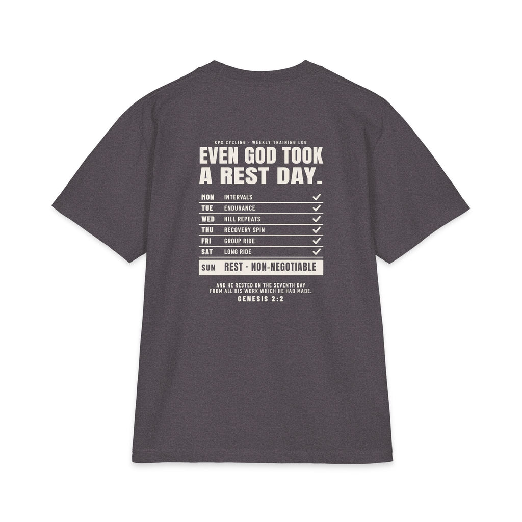 Even God Took a Rest Day Cycling Tee, Charcoal Grey, back view, EVEN GOD TOOK A REST DAY. Genesis 2:2 (KJV)
