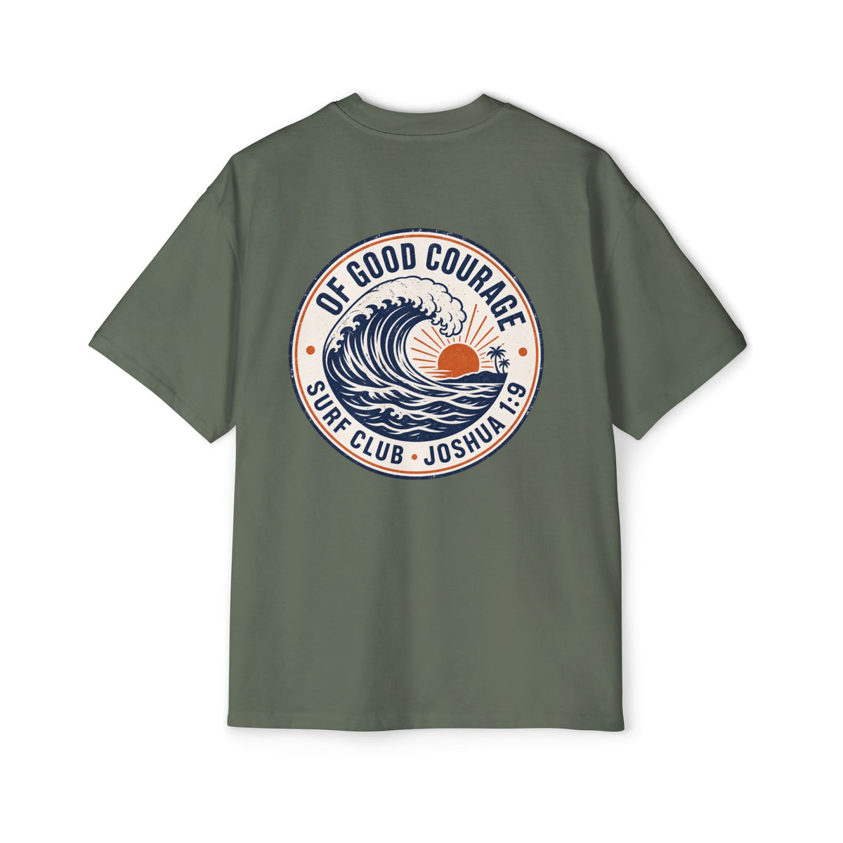 Of Good Courage Surf Club Oversized Tee, t-shirt, Cypress, back view, OF GOOD COURAGE., Joshua 1:9 (KJV)