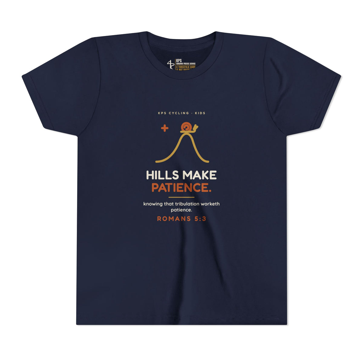 Hills Make Patience Youth Tee, Navy, front view, HILLS MAKE PATIENCE., Romans 5:3 (KJV)