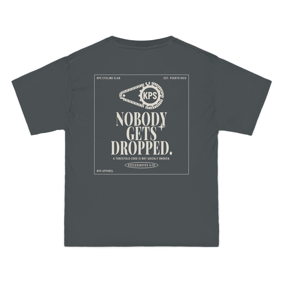 KPS Cycling Club Tee, Smoke Grey, back view, KPS CYCLING CLUB. Ecclesiastes 4:12 (KJV)