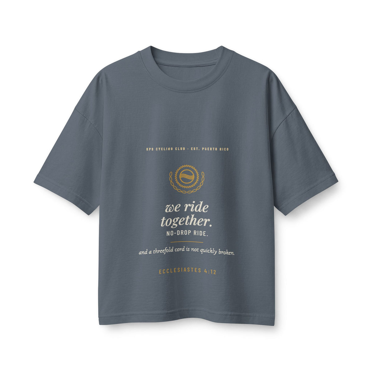 We Ride Together Women's Boxy Tee, Vintage Navy, front view, WE RIDE TOGETHER. (NO-DROP RIDE.) Ecclesiastes 4:12 (KJV)