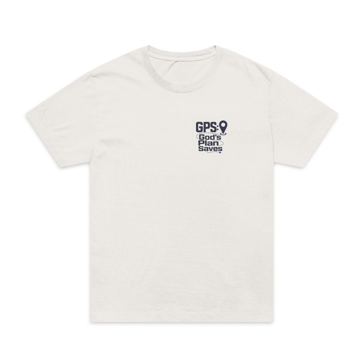 GPS: God's Plan Saves Pocket Tee in Vintage White, front view, pocket print: GPS: GOD'S PLAN SAVES., Proverbs 3:5–6 (KJV)