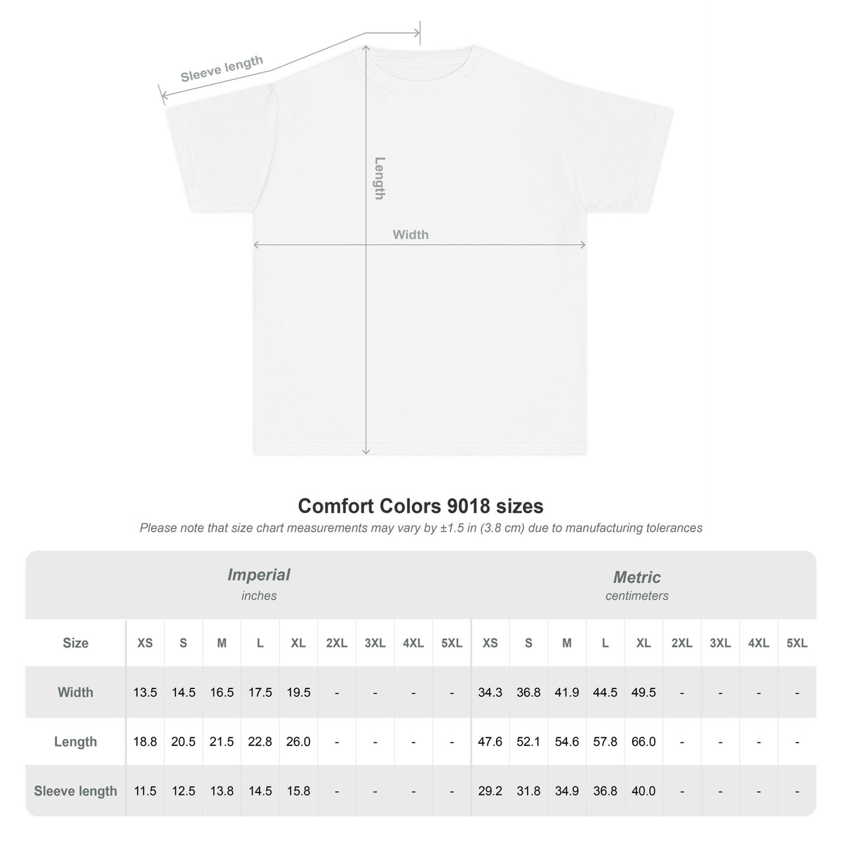 Beloved Youth Tee, size chart with measurements