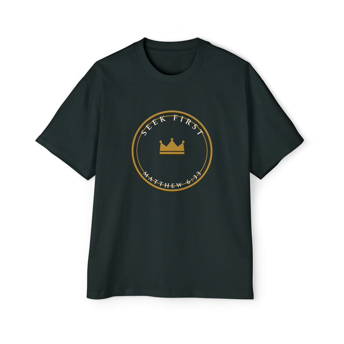 Seek First Crest Oversized Tee, t-shirt, Pine Green, front view, SEEK FIRST., Matthew 6:33 (KJV)