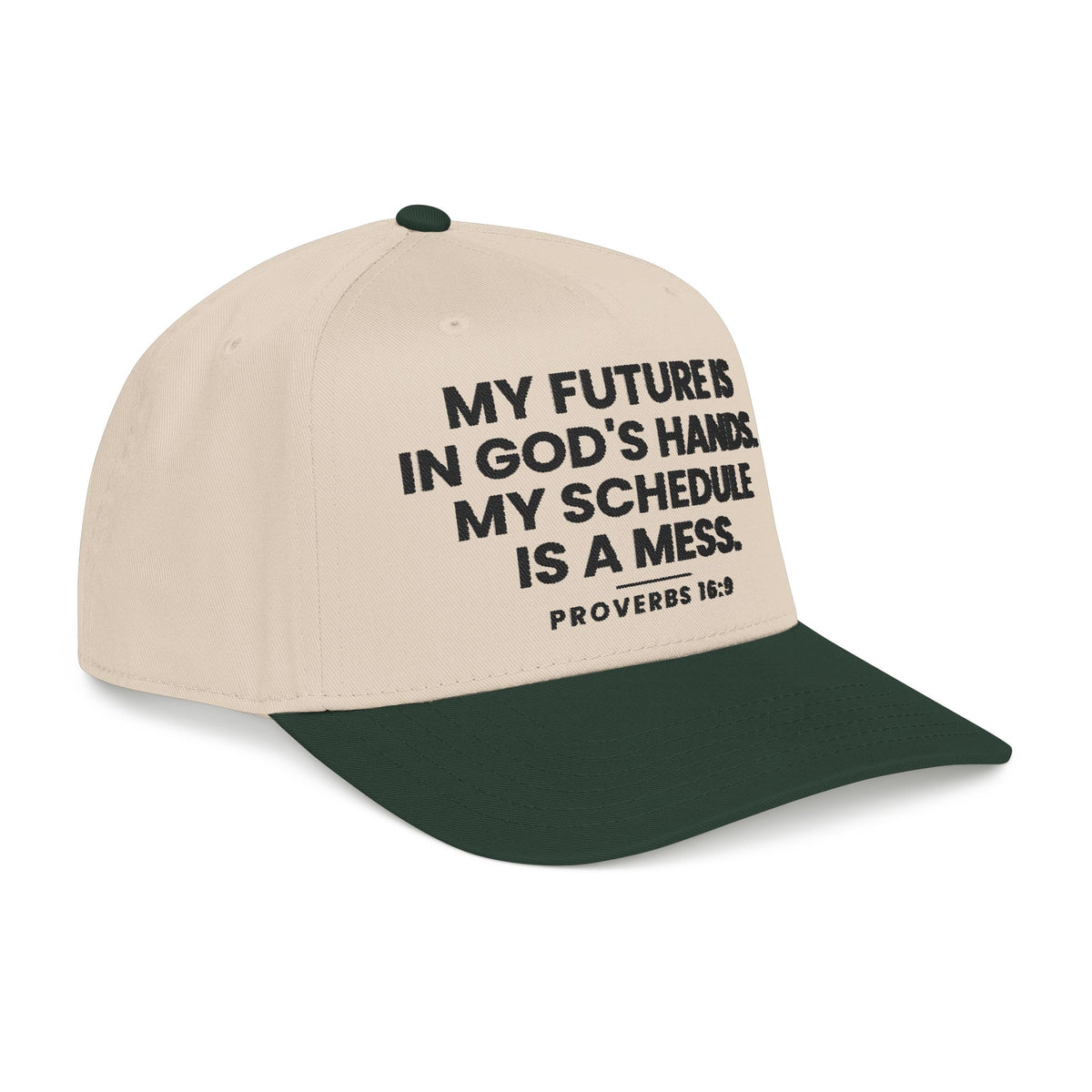 God's Hands Cap, Dark Green/Natural, side view, MY FUTURE IS IN GOD'S HANDS. MY SCHEDULE IS A MESS., Proverbs 16:9 (KJV)