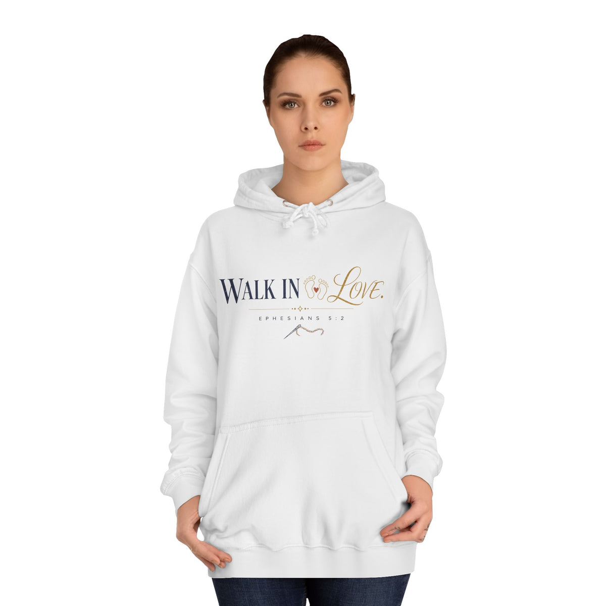 Walk in Love Hoodie, hoodie, Arctic White, front view, worn by a woman, WALK IN LOVE., Ephesians 5:2 (KJV)