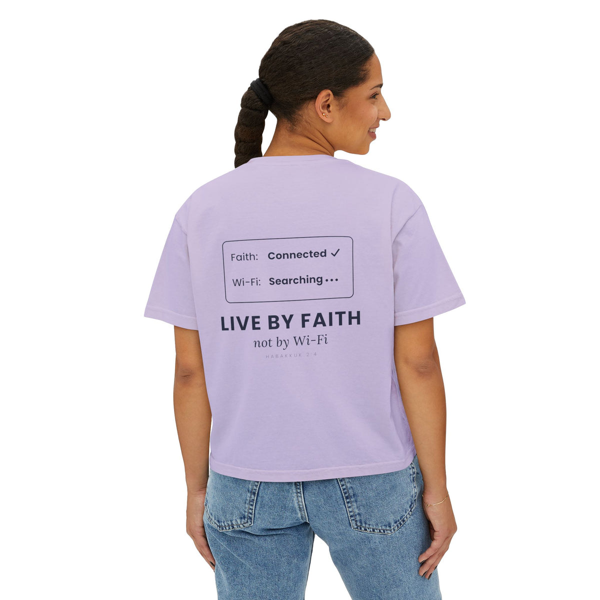 Live by Faith Crop Tee, crop t-shirt, Orchid, back view, worn by a woman, LIVE BY FAITH., Habakkuk 2:4 (KJV)