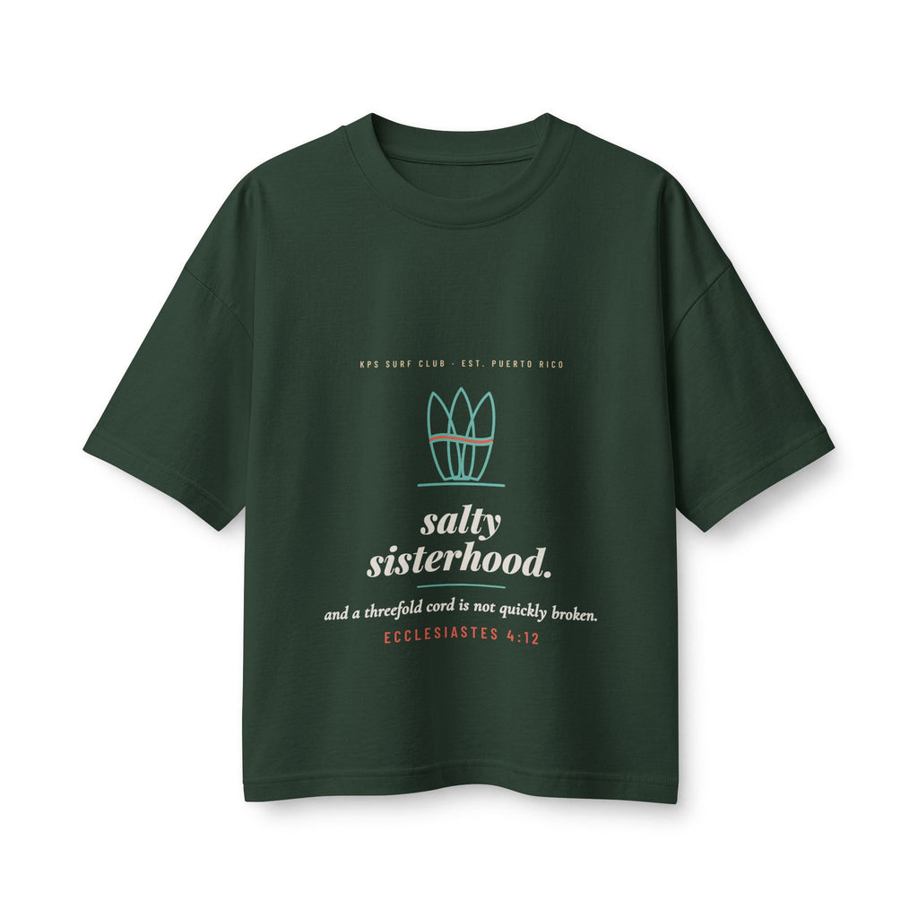 Salty Sisterhood Women's Boxy Tee, Forest, front view, SALTY SISTERHOOD. Ecclesiastes 4:12 (KJV)