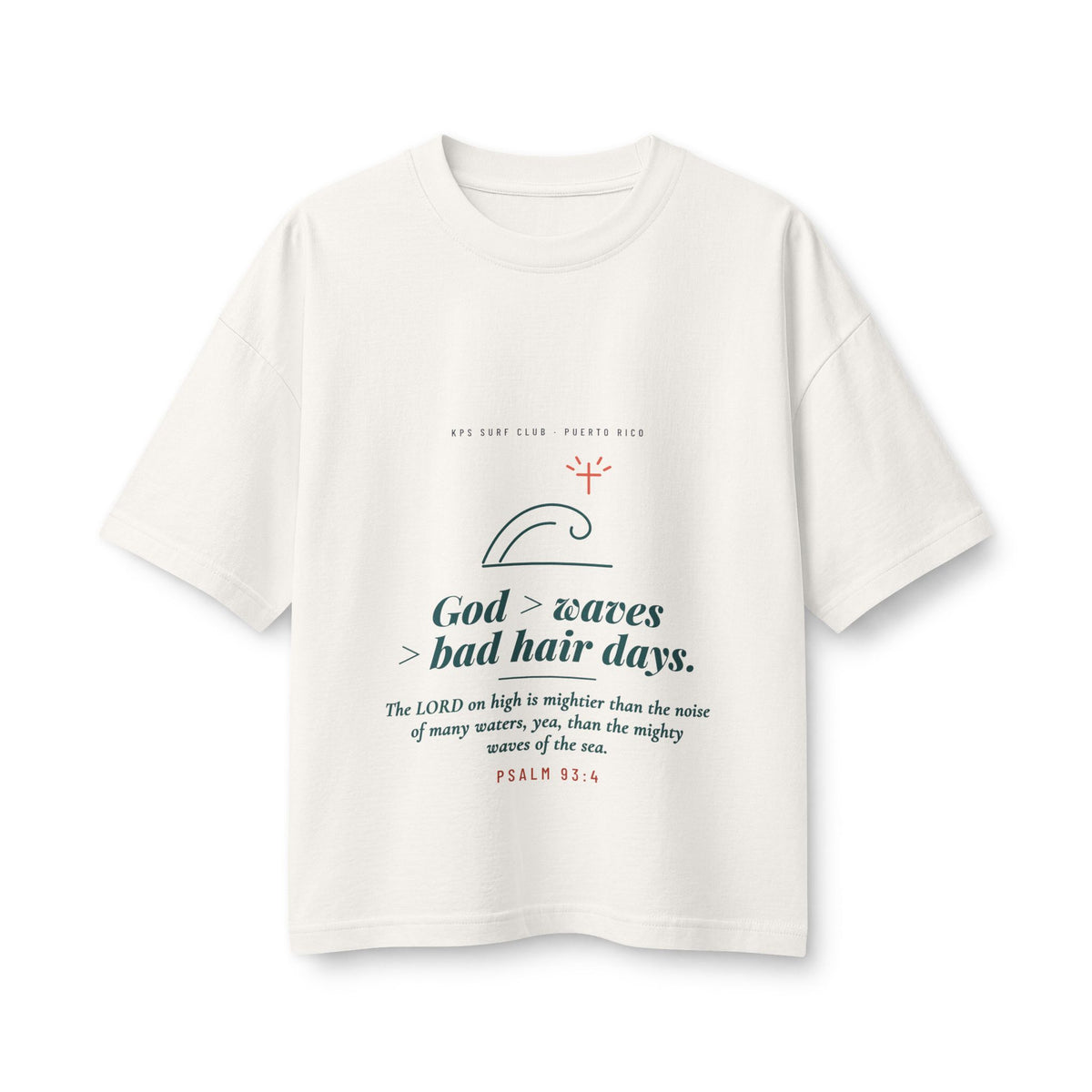 God > Waves > Bad Hair Days Women's Boxy Tee, Vintage White, front view, GOD > WAVES > BAD HAIR DAYS. Psalm 93:4 (KJV)