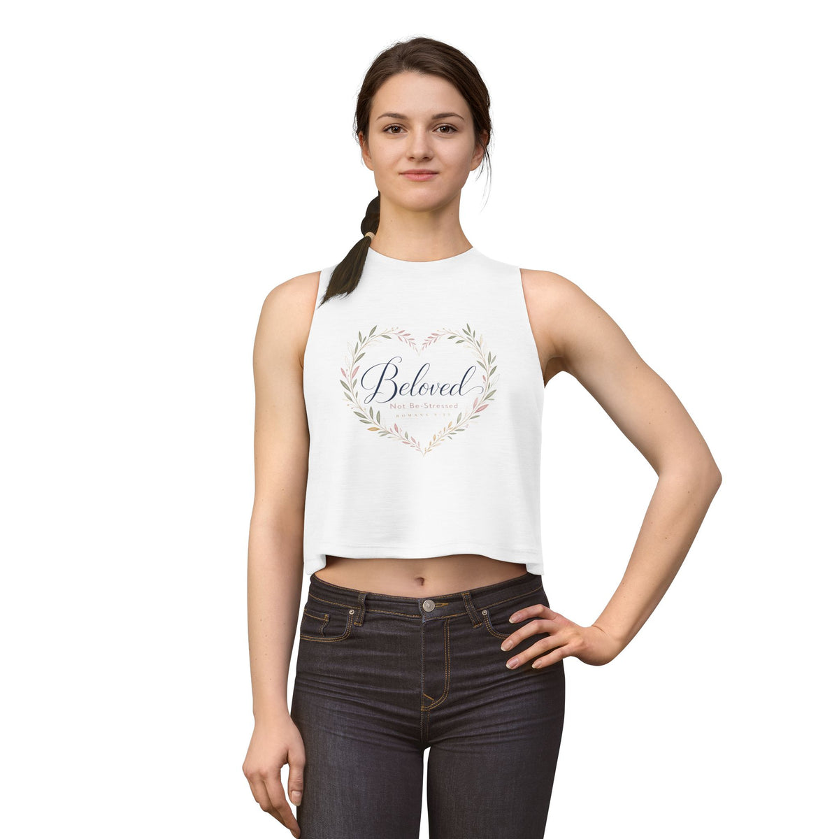 Beloved Crop Tank, crop tank top, Solid White Blend, front view, worn by a woman, BELOVED. NOT BE-STRESSED., Romans 9:25 (KJV)