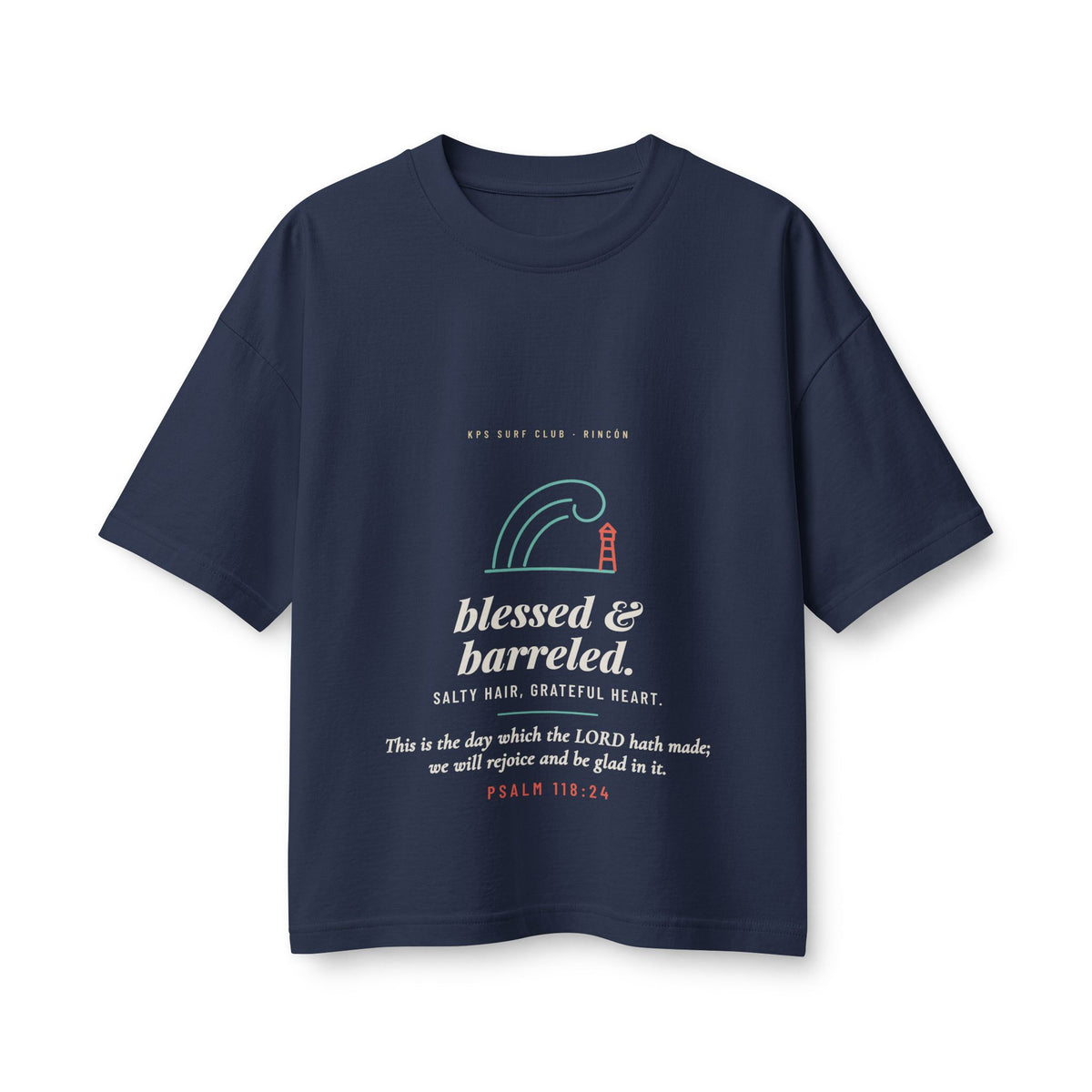 Blessed & Barreled Women's Boxy Tee, Navy, front view, BLESSED & BARRELED. SALTY HAIR, GRATEFUL HEART. Psalm 118:24 (KJV)