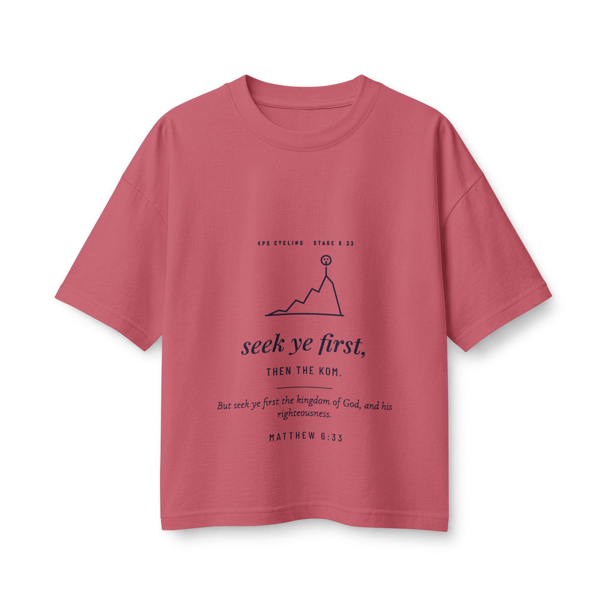 Seek Ye First Women's Boxy Tee, Vintage Red, front view, SEEK YE FIRST. THEN THE KOM. Matthew 6:33 (KJV)