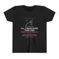 All Things Work Together (Even the Wipeouts) Youth Tee, Black, front view, ALL THINGS WORK TOGETHER. EVEN THE WIPEOUTS. Romans 8:28 (KJV)