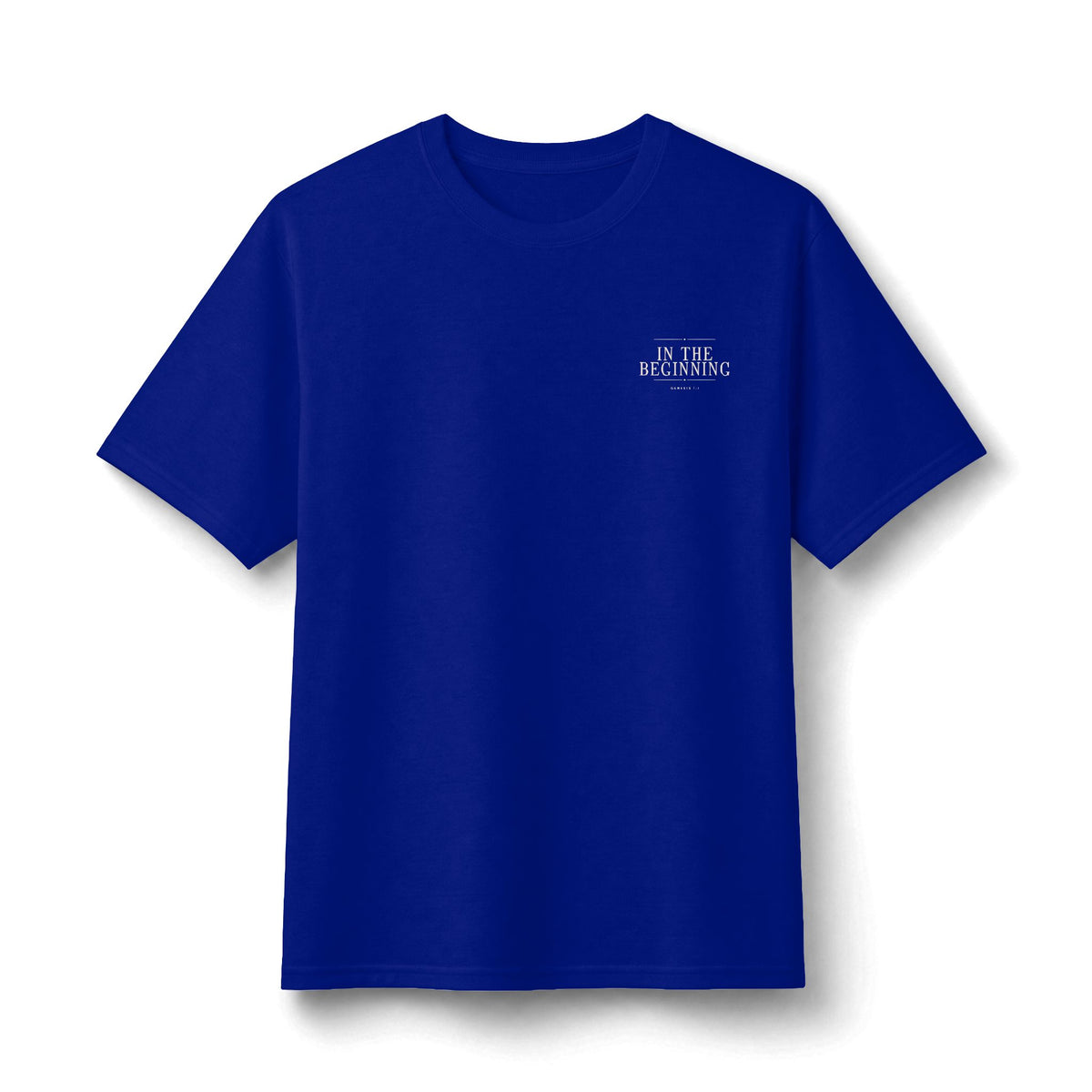 In The Beginning Tee in Oxford, front view: small IN THE BEGINNING chest print, Genesis 1:1 (KJV)