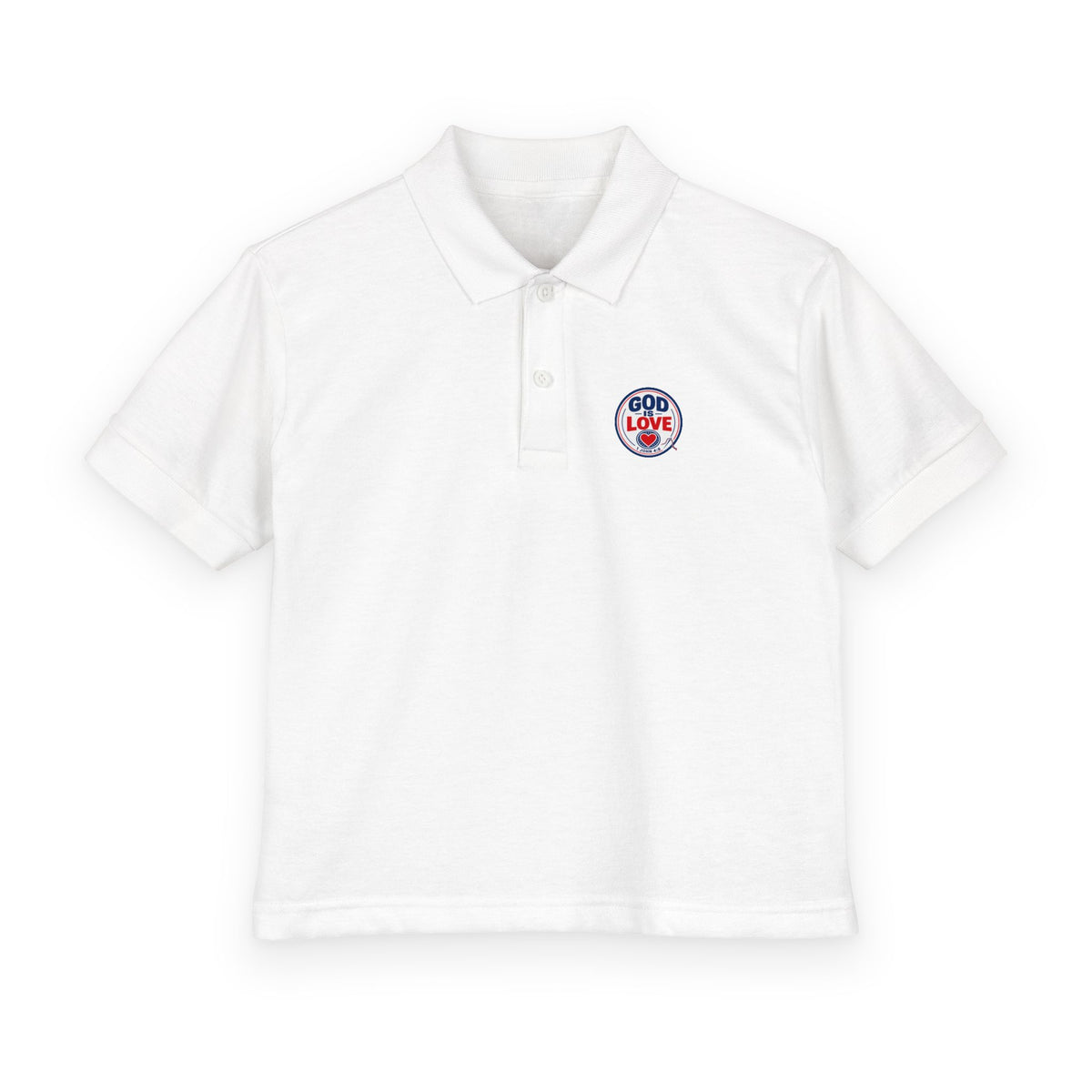 God Is Love Youth Polo, kids' polo, White, front view, GOD IS LOVE., 1 John 4:8 (KJV)