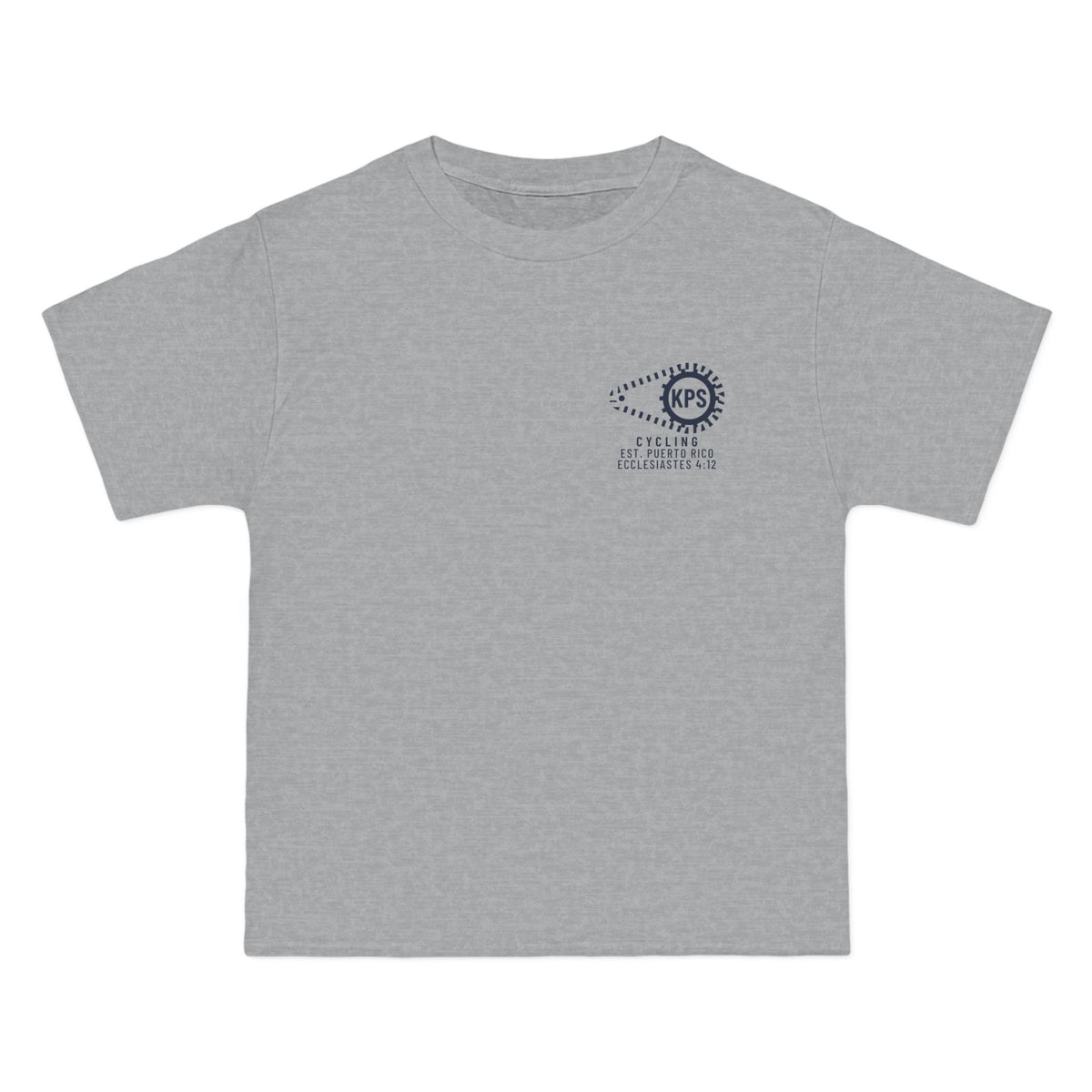 KPS Cycling Club Tee, Light Steel, front view, KPS CYCLING CLUB. Ecclesiastes 4:12 (KJV)