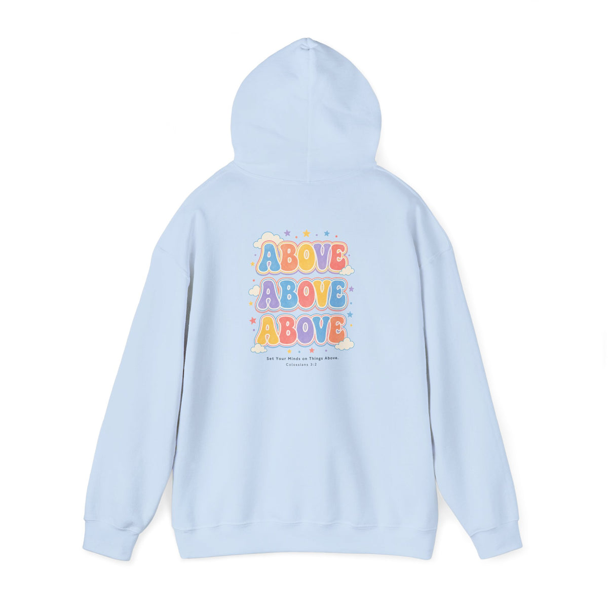 Things Above Hoodie, hoodie, Light Blue, back view, hood up, THINGS ABOVE., Colossians 3:2 (KJV)