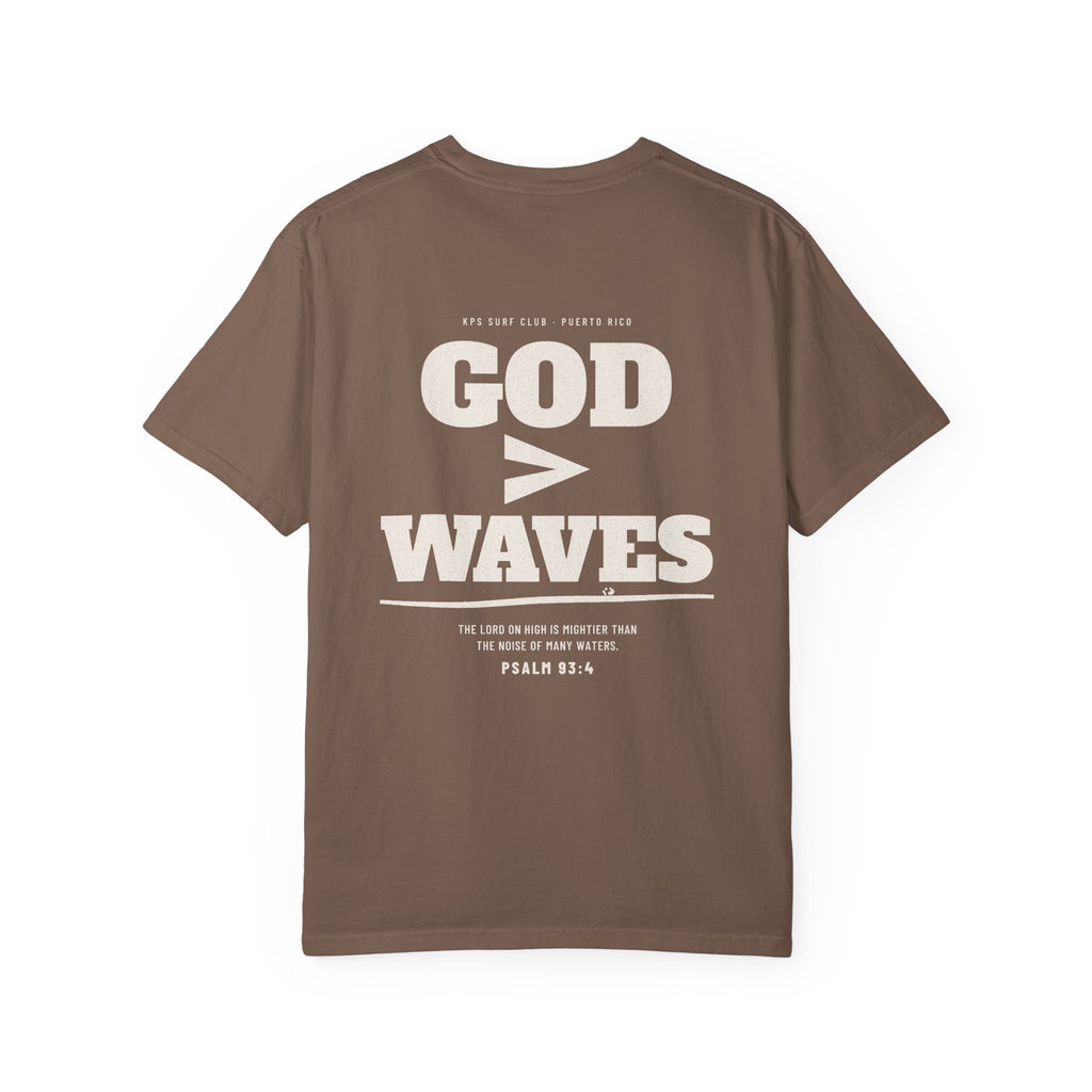 God Greater Than Waves Surf Tee, Espresso, back view, GOD > WAVES. Psalm 93:4 (KJV)