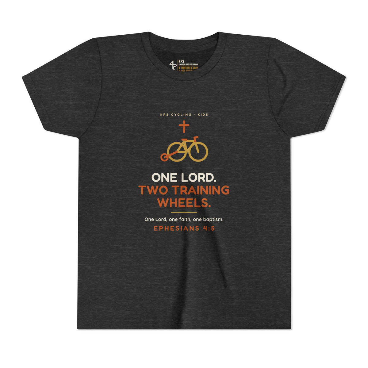 One Lord, Two Training Wheels Youth Tee, Dark Grey Heather, front view, ONE LORD. TWO TRAINING WHEELS., Ephesians 4:5 (KJV)