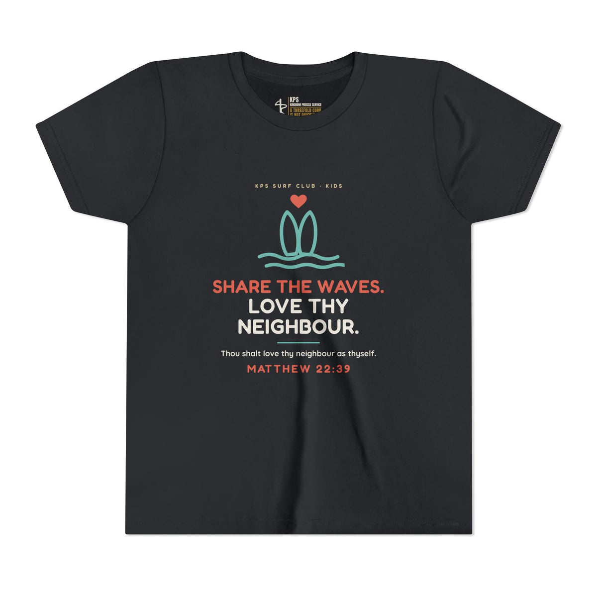 Share the Waves Youth Tee, Vintage Black, front view, SHARE THE WAVES. LOVE THY NEIGHBOUR., Matthew 22:39 (KJV)