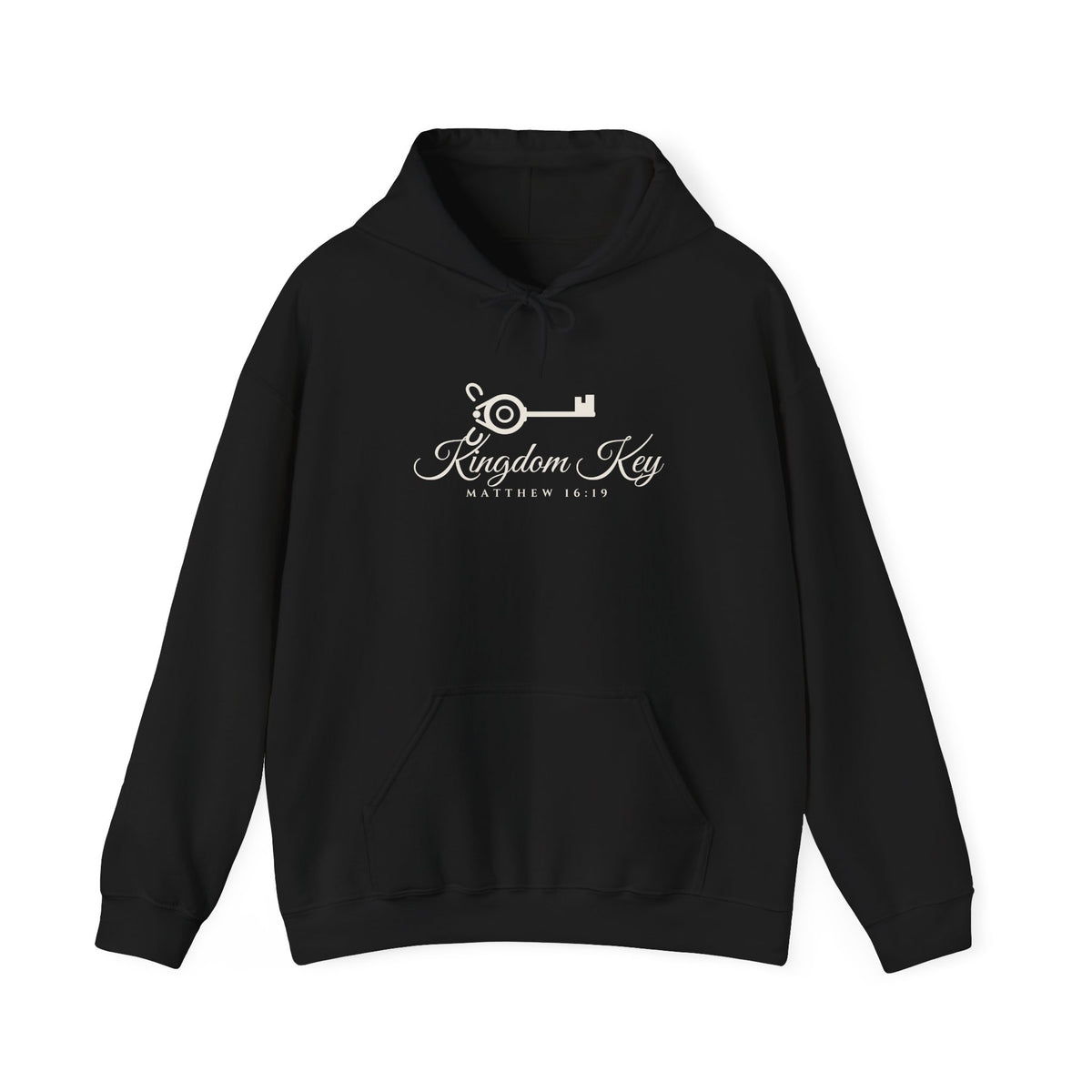 Kingdom Key Hoodie in Black, front view: vintage key with Kingdom Key script and MATTHEW 16:19, Matthew 16:19 (KJV)