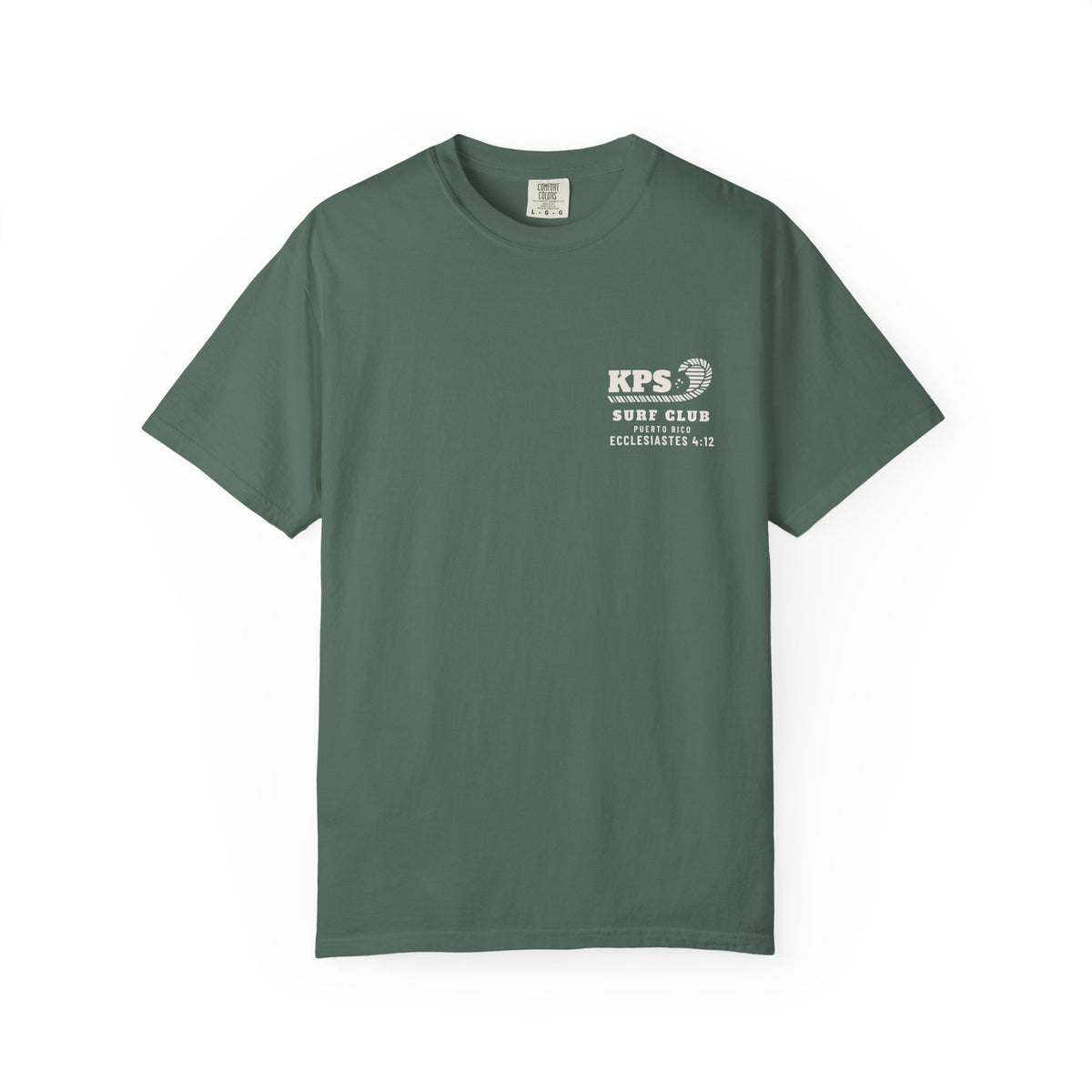 KPS Surf Club Tee, Blue Spruce, front view, KPS SURF CLUB. Ecclesiastes 4:12 (KJV)