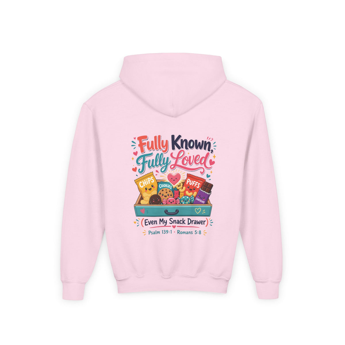 Fully Known Youth Hoodie, kids' hoodie, Light Pink, back view, FULLY KNOWN, FULLY LOVED., Psalm 139:1 (KJV)