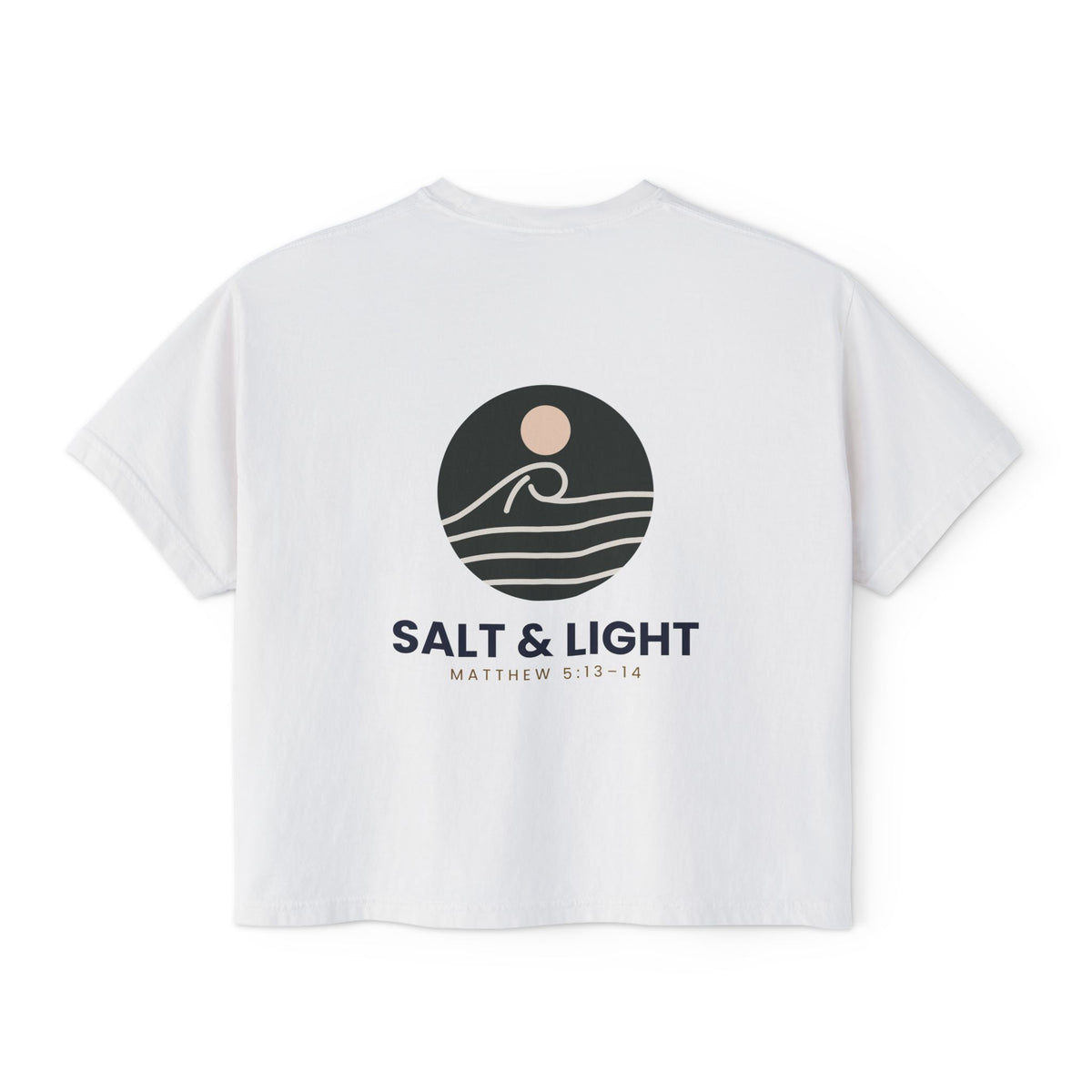 Salt & Light Women's Boxy Tee, t-shirt, White, back view, SALT & LIGHT., Matthew 5:13–14 (KJV)