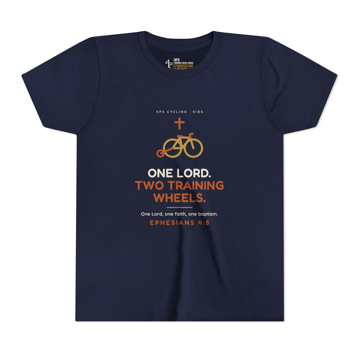 One Lord, Two Training Wheels Youth Tee, Navy, front view, ONE LORD. TWO TRAINING WHEELS., Ephesians 4:5 (KJV)